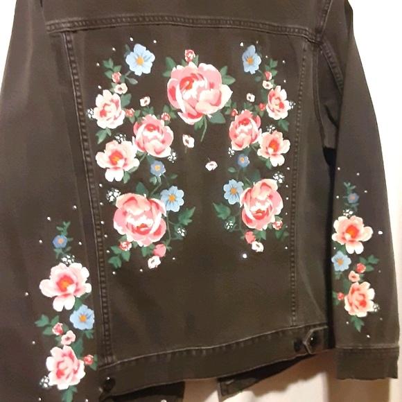 Painted Floral Black Denim Jacket - US 10 - Picture 1 of 6